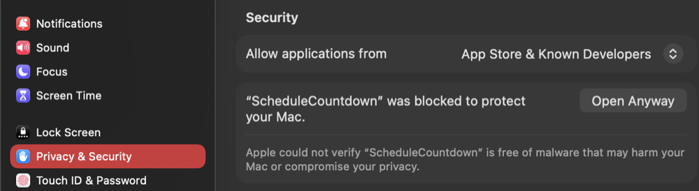Privacy & Security settings with the Open Anyway button